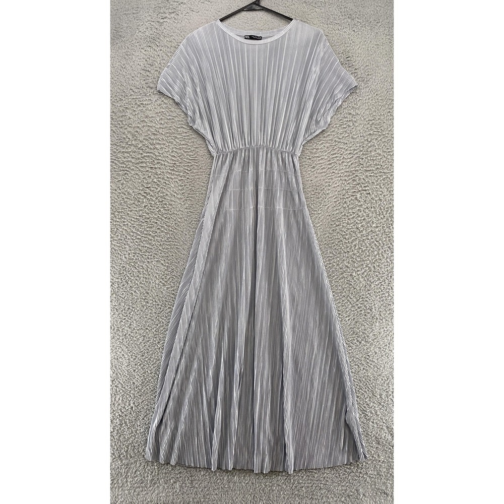Zara Dress Womens Large Silver Gray Pleated Maxi Short Sleeve New Years Gown